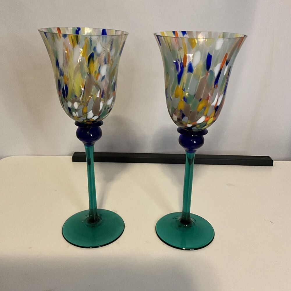Pair Bohemian Czech Art Glass Spatter Confetti Wine Goblets 8.75” Cobalt Stem